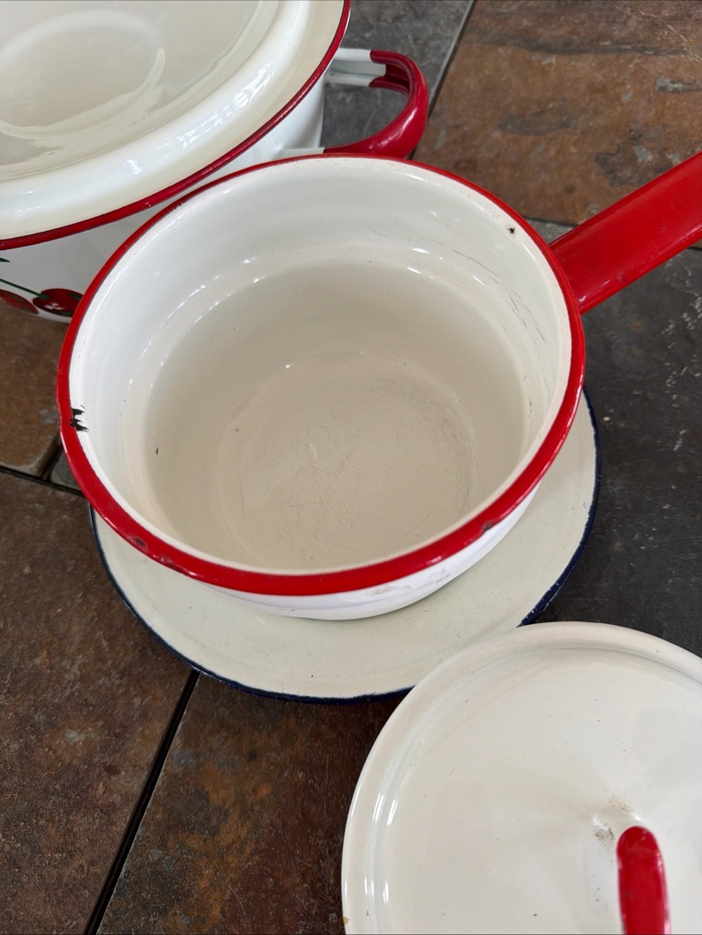 Vintage Cherry Enamel Casserole Dish with Lid - plus double boiler, plate & cup - Picture 7 of 12